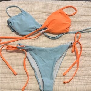 SHEIN Orange and Light Blue Bikini Set